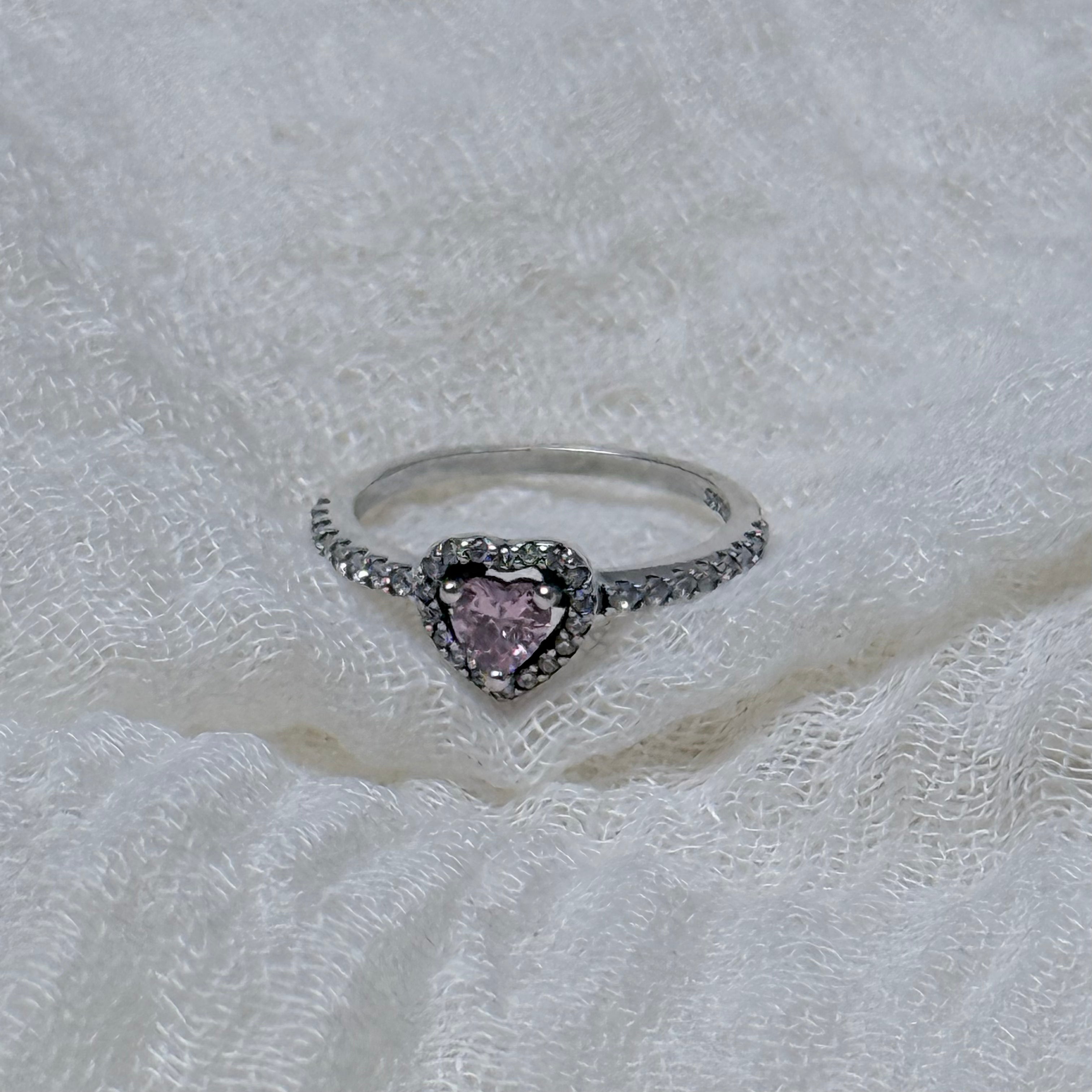 S925 Sterling Silver Pink Heart Ring with Cubic Zirconia