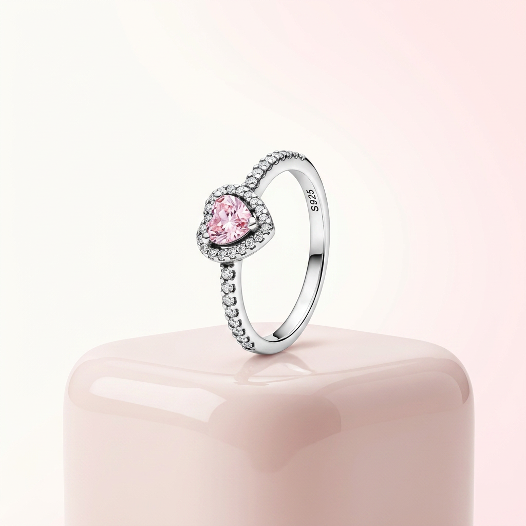 S925 Sterling Silver Pink Heart Ring with Cubic Zirconia