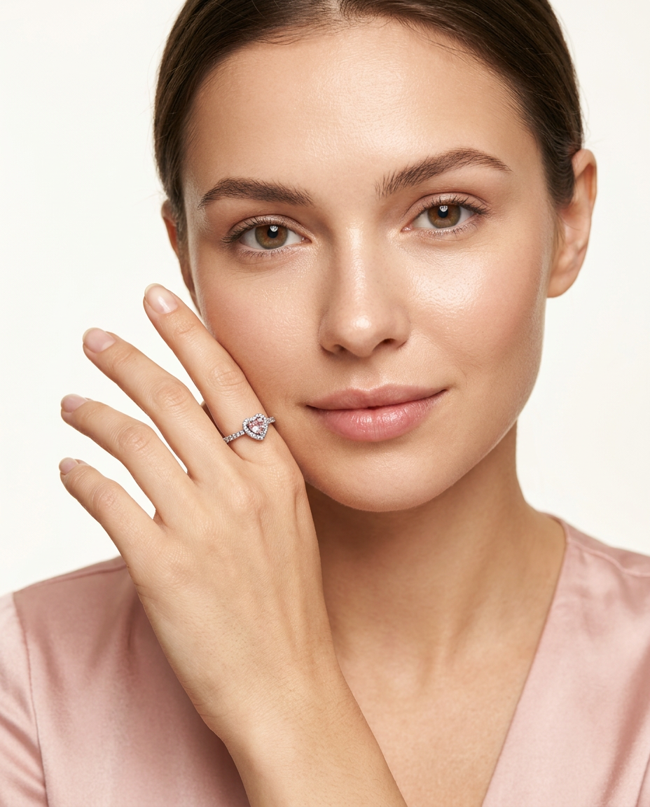 S925 Sterling Silver Pink Heart Ring with Cubic Zirconia