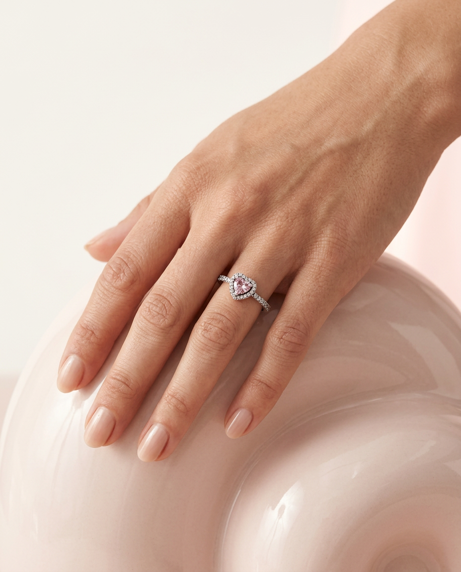 S925 Sterling Silver Pink Heart Ring with Cubic Zirconia