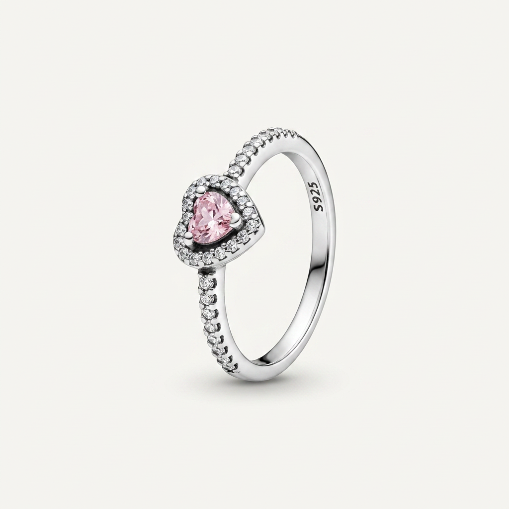S925 Sterling Silver Pink Heart Ring with Cubic Zirconia