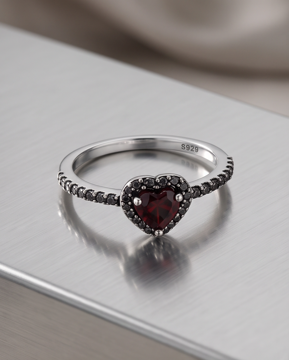 Burgundy Heart S925 Sterling Silver Ring