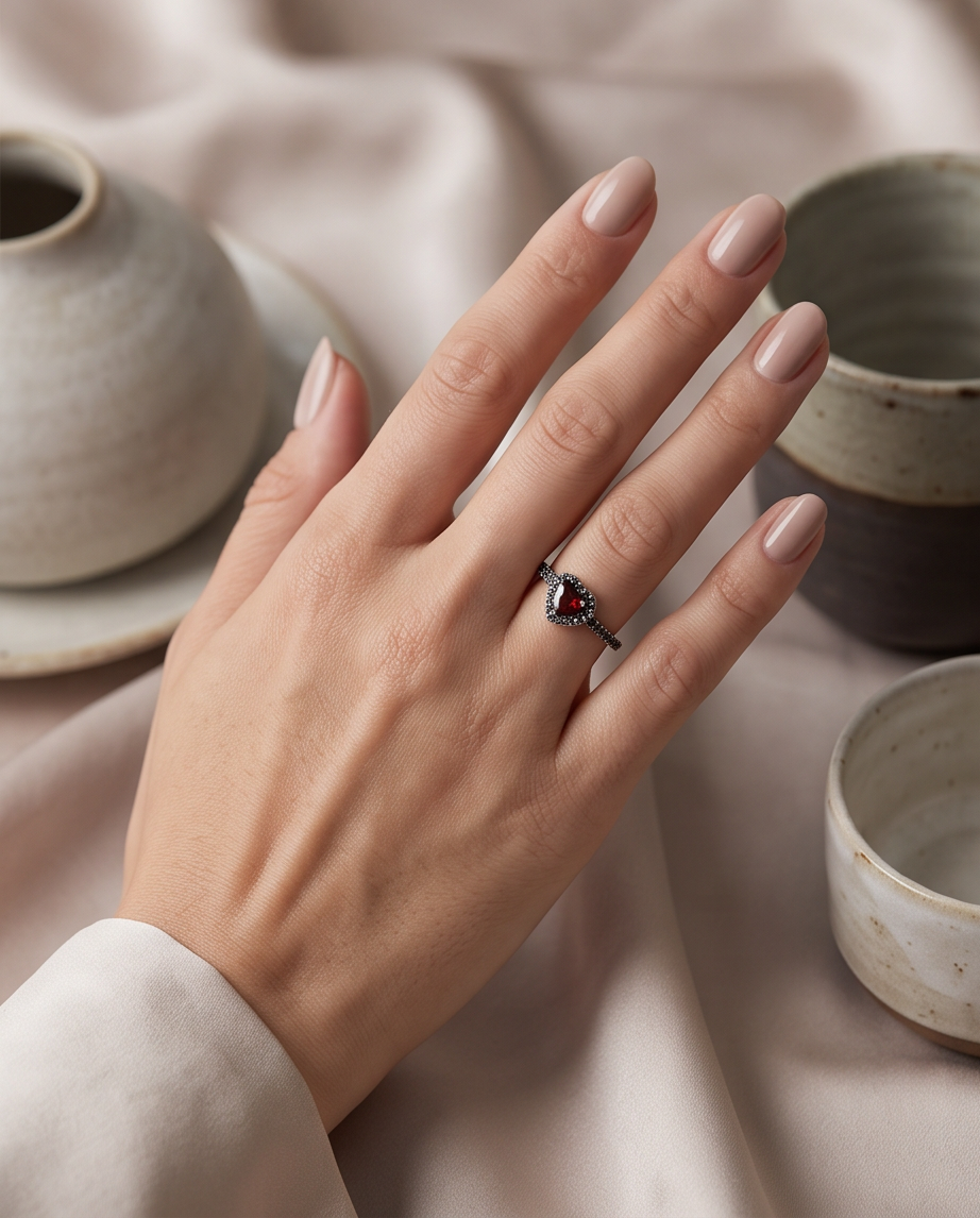Burgundy Heart S925 Sterling Silver Ring