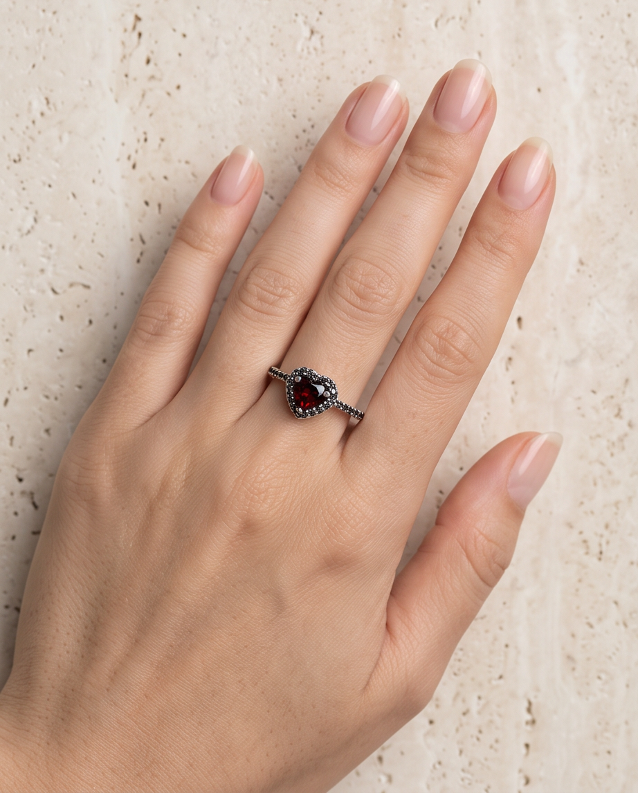 Burgundy Heart S925 Sterling Silver Ring