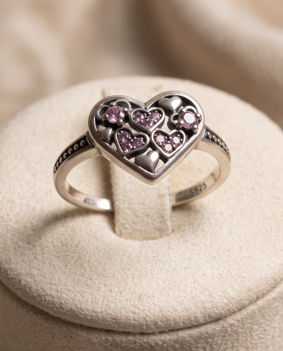 Amora Pink Hearts S925 Sterling Silver Ring