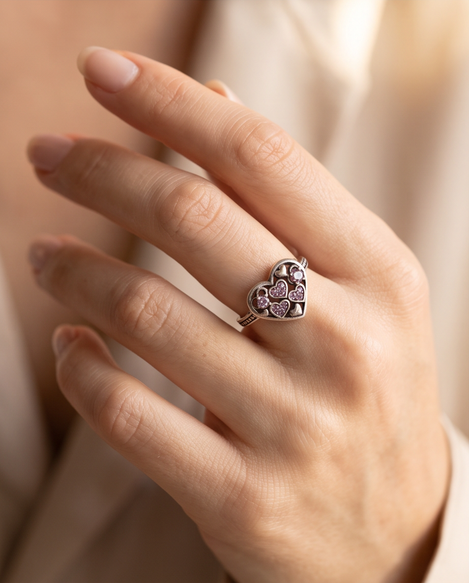 Amora Pink Hearts S925 Sterling Silver Ring