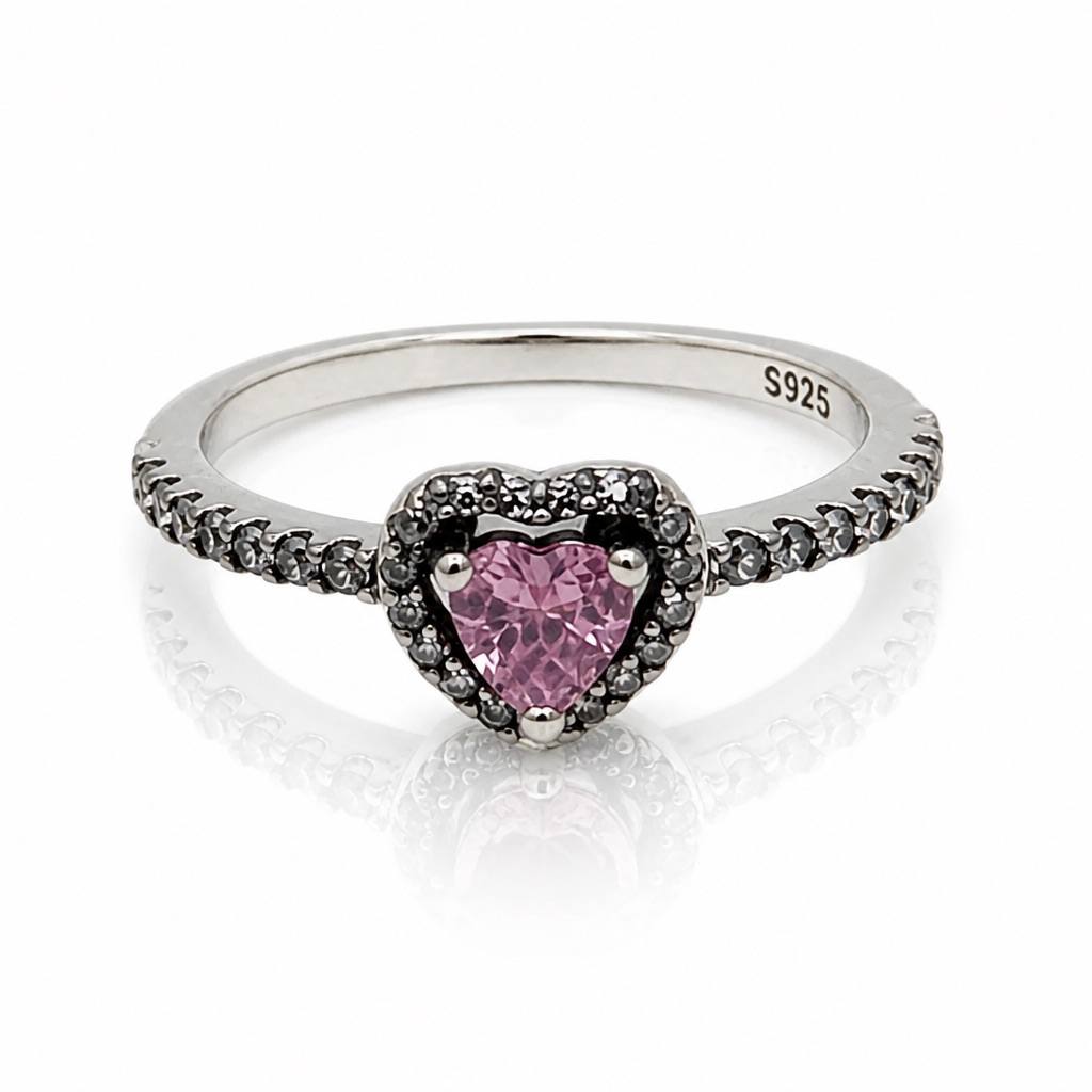 S925 Sterling Silver Pink Heart Ring with Cubic Zirconia